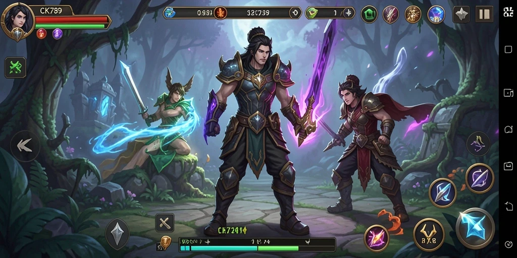 Screenshot gameplay CK789 menampilkan karakter dalam laga epik melawan monster.
