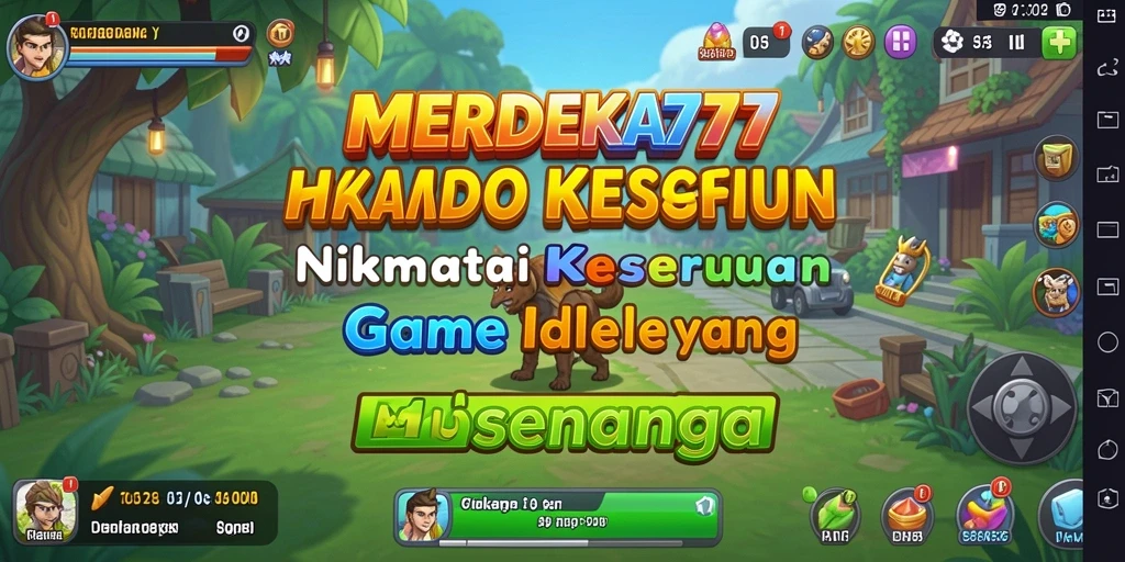 Screenshot utama MERDEKA777 menampilkan karakter yang mengumpulkan sumber daya secara otomatis.