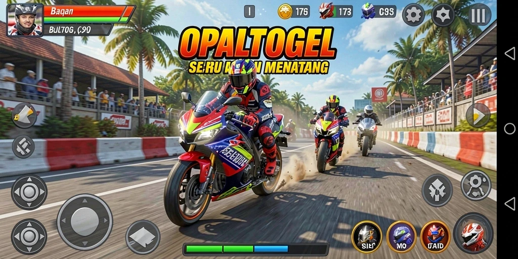 Screenshot gameplay OPALTOGEL menampilkan balapan motor yang penuh aksi.