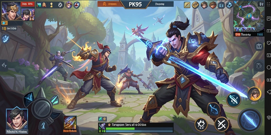 Screenshot utama PK95 menampilkan aksi pertarungan dalam game MOBA yang intens.