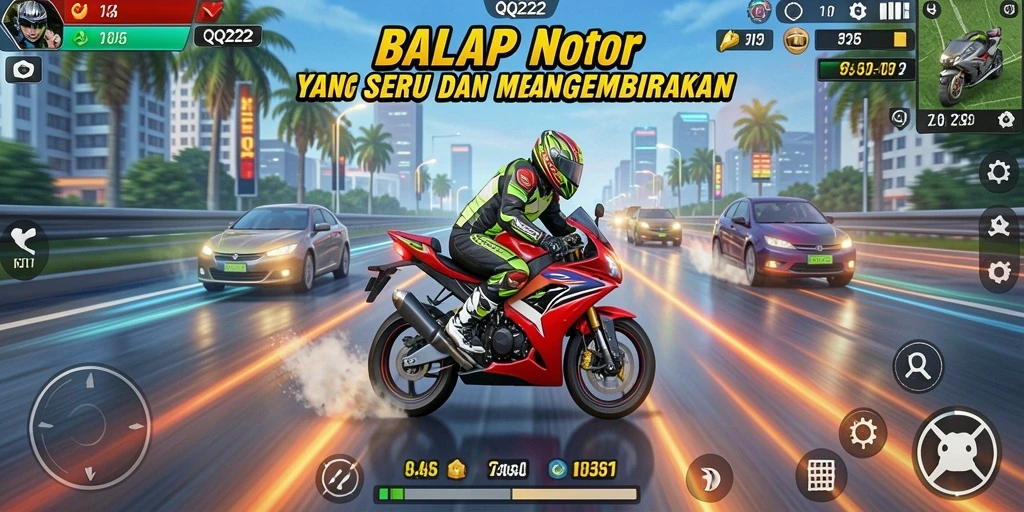 Tampilan gameplay QQ222 yang mendebarkan dengan motor melaju kencang.