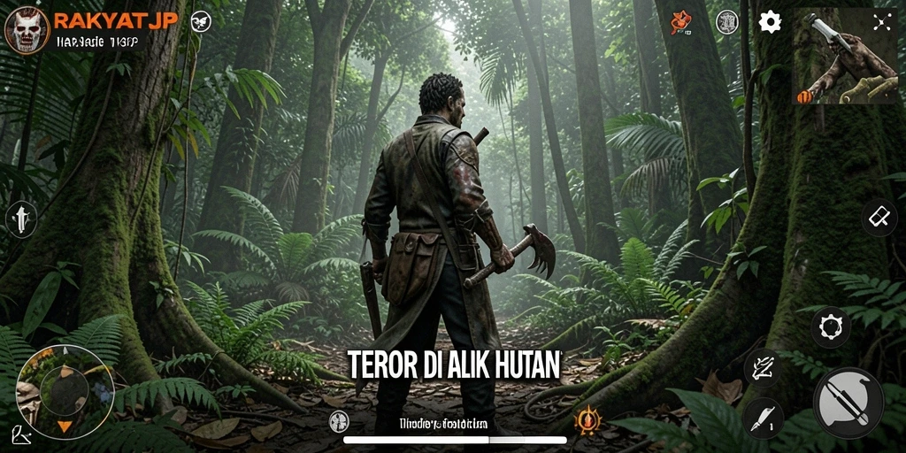 Screenshot RAKYATJP yang menampilkan gameplay menyeramkan di hutan gelap.