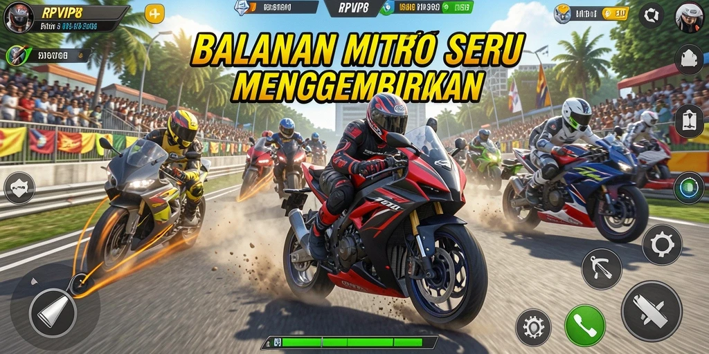 Screenshot gameplay RPVIP8 yang menunjukkan aksi balapan motor yang mendebarkan.