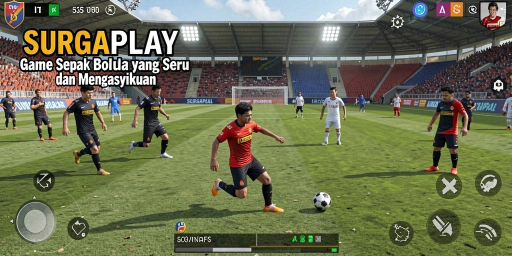 Screenshot utama SURGAPLAY menampilkan aksi seru di lapangan sepak bola.