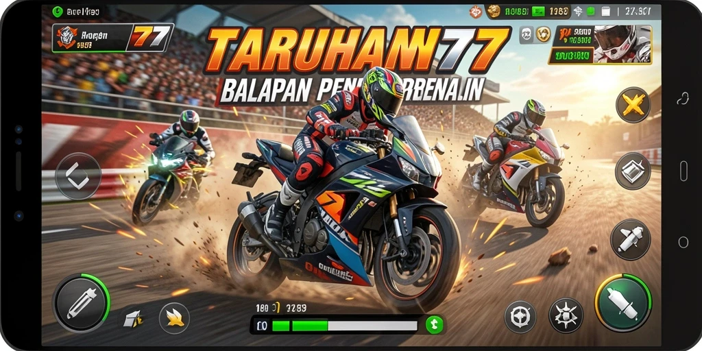Tampilan gameplay TARUHAN77 yang mendebarkan dan penuh aksi balapan motor.